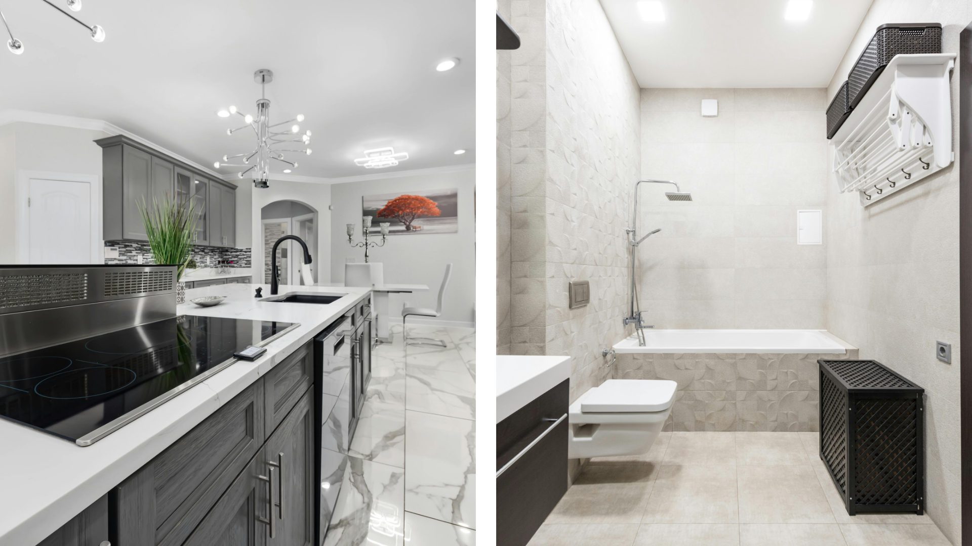 Geteiltes Bild einer modernen Küche mit Kochinsel und einem modernen Badezimmer mit Badewanne und Wanddusche. Beide Zimmer sind in neutralen Tönen, eleganten Oberflächen und stilvollen Farbkombinationen gehalten.