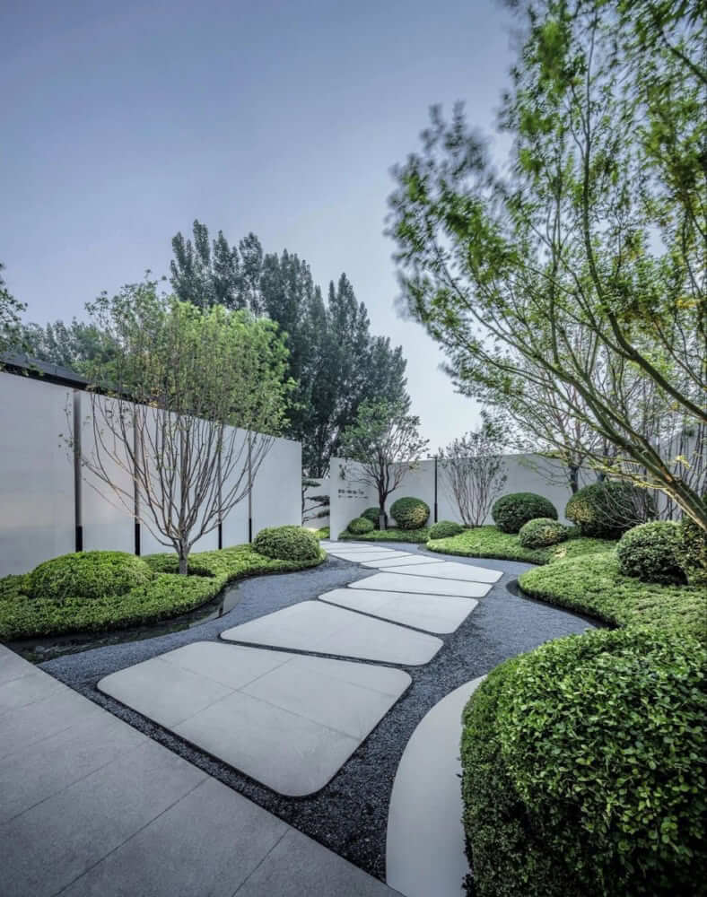 Modern garden layout with large asymmetrical slabs, carefully pruned shrubs and trees. The white walls that border the space create a serene and clean aesthetic. The whole gives off a harmonious and modern look.