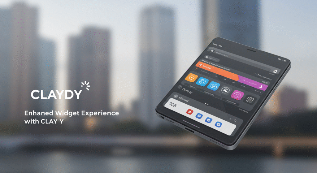 Uno smartphone con un'interfaccia moderna e widget colorati fluttua su uno sfondo urbano sfocato. Il testo recita: "CLAYDY Enhanced Widget Experience with CLAY Y". Lo schermo del telefono mostra vari widget delle app e barre di notifica.