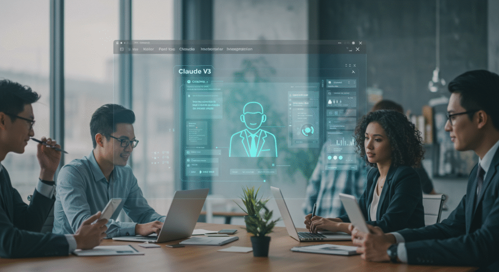 Four professionals sit around a conference table with laptops, focused on a large, semi-transparent digital interface displaying "Claude V3" and data visuals. The setting is a modern office with glass walls and natural light.