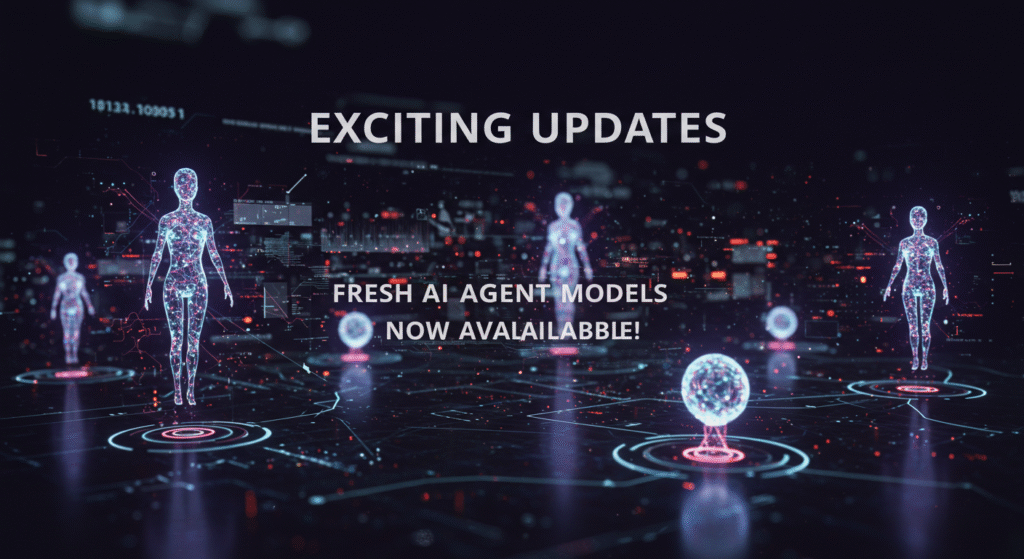 テクノロジーをテーマにした暗い背景に、光るヒューマノイドフィギュアとホログラフィックの地球儀を備えた未来的なデジタルシーン。テキストには次のように書かれています。新しいAIエージェントモデルが利用可能になりました!」赤と青のライトがSFの雰囲気を高めます。
