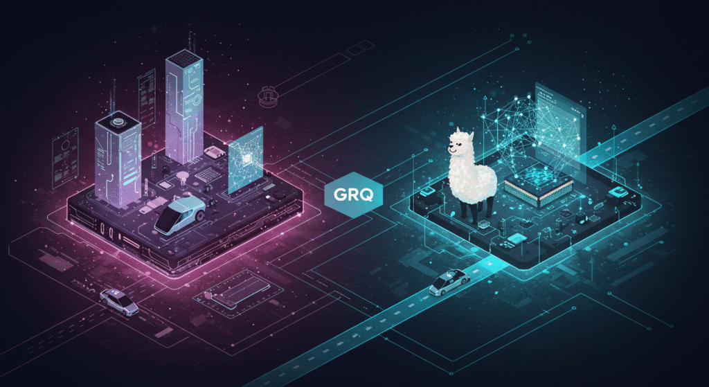 رسم توضيحي مستقبلي يظهر مشهدين رقميين للمدينة على لوحات الدوائر ، أحدهما وردي والآخر أزرق. يتميز الجانب الأزرق بصورة ثلاثية الأبعاد متوهجة. تربط الطرق والسيارات والشبكات الرقمية كلا الجانبين ب "GRQ" في المنتصف. الموضوعات التقنية و الذكاء الاصطناعي بارزة.