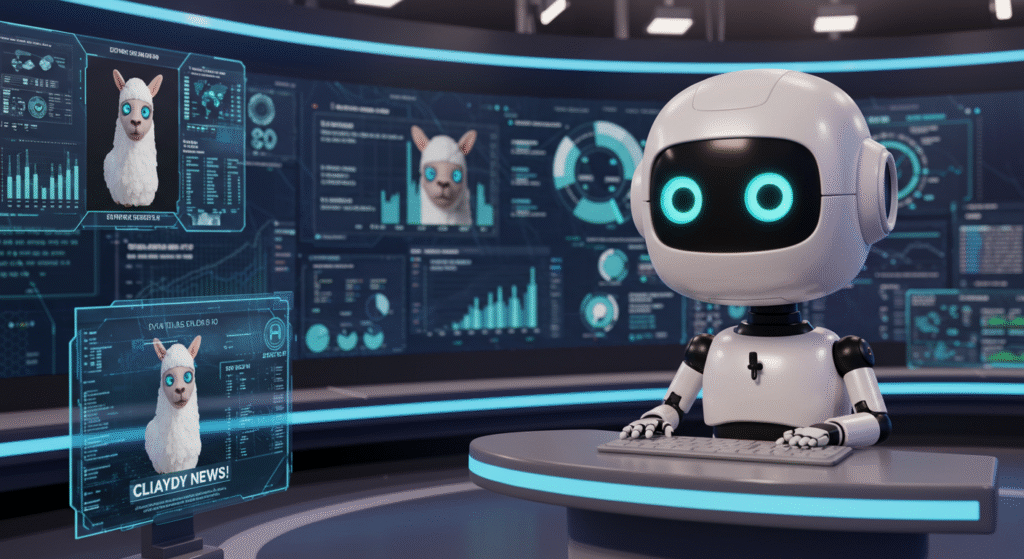 Un simpatico robot siede a una scrivania futuristica, digitando su una tastiera. Dietro di esso, grandi schermi digitali mostrano grafici, dati e immagini di lama con titoli di notizie. L'ambiente è high-tech e vivace, con un focus sui lama e sulle novità tecnologiche.