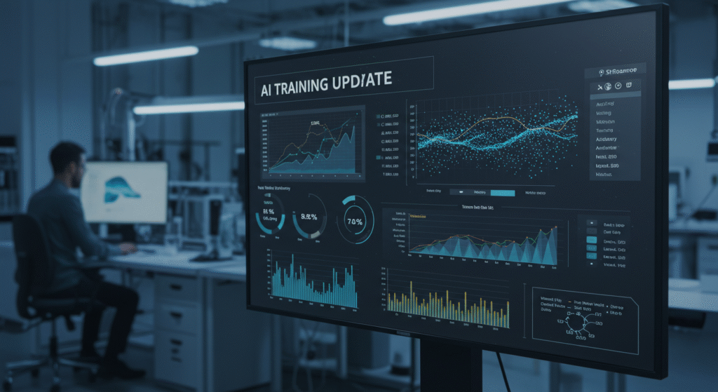 大型モニターには、最新のラボで「AI Training Update」とラベル付けされたグラフ、チャート、統計が表示されます。背景には、CLAYDYソフトウェアを使用してエージェントのパフォーマンスを追跡する人がデスクに座り、冷たくて明るい照明の下で技術機器に囲まれています。