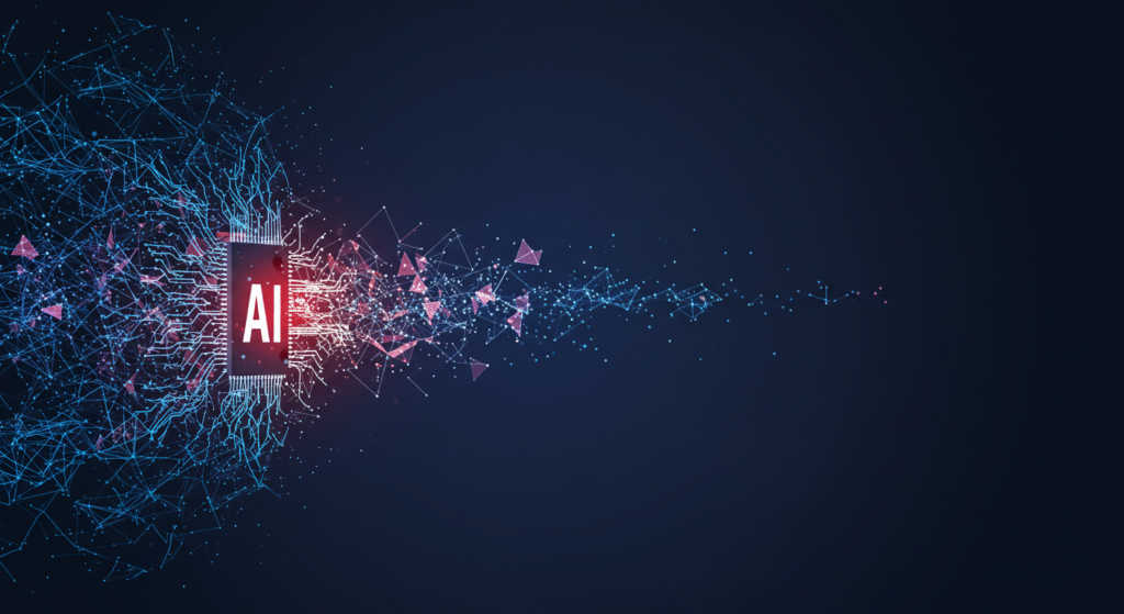 デジタルイラストは、左側に「AI」とラベル付けされたコンピューターチップを示しており、右側には青とピンクの光る回路と粒子が発光し、右側には人工知能とデータ処理を象徴するダークブルーの背景に溶解します。