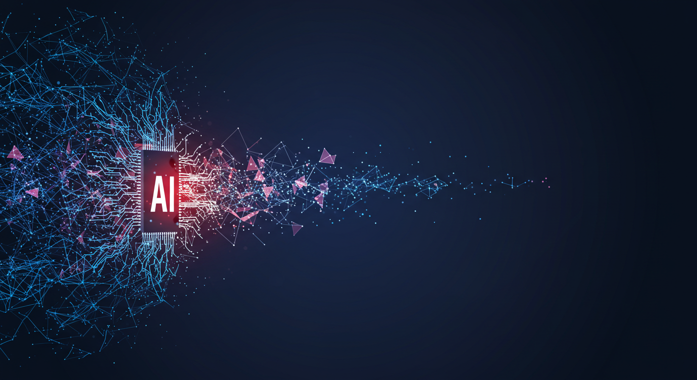 Un'illustrazione digitale mostra un chip per computer etichettato "AI" a sinistra, che emette circuiti e particelle blu e rosa incandescenti che si dissolvono in uno sfondo blu scuro a destra, a simboleggiare l'intelligenza artificiale e l'elaborazione dei dati.