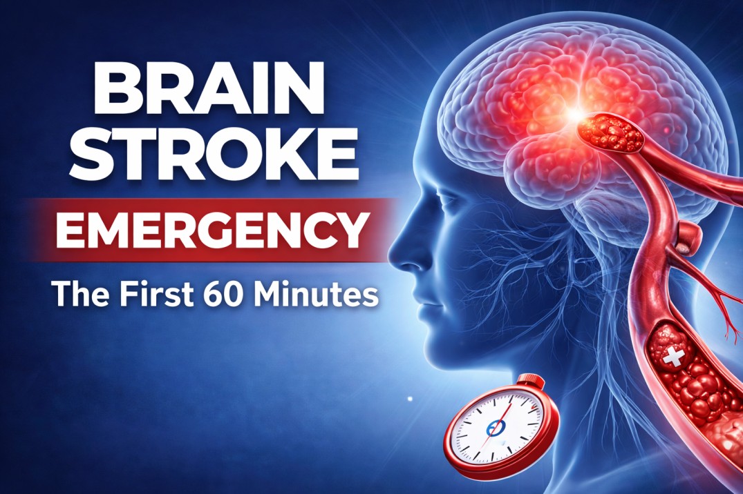 ब्रेन स्ट्रोक आपातकालीन चित्रण अवरुद्ध मस्तिष्क धमनी और पहले 60 मिनट में उपचार की तात्कालिकता दिखा रहा है
