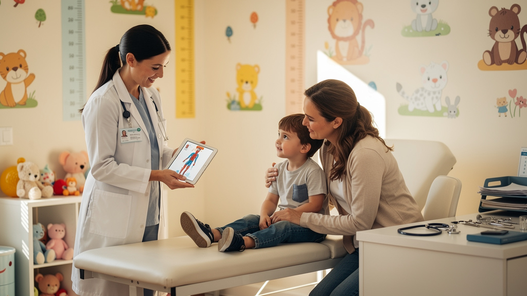 পেডিয়াট্রিক ইউরোলজিস্ট বন্ধুত্বপূর্ণ ক্লিনিকে উপস্থিত পিতামাতার সাথে শিশুকে পরীক্ষা করছেন