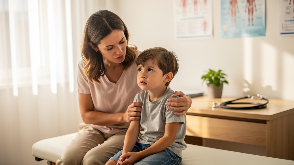 Мать, поддерживающая ребёнка во время консультации по мочевыводящим симптомам