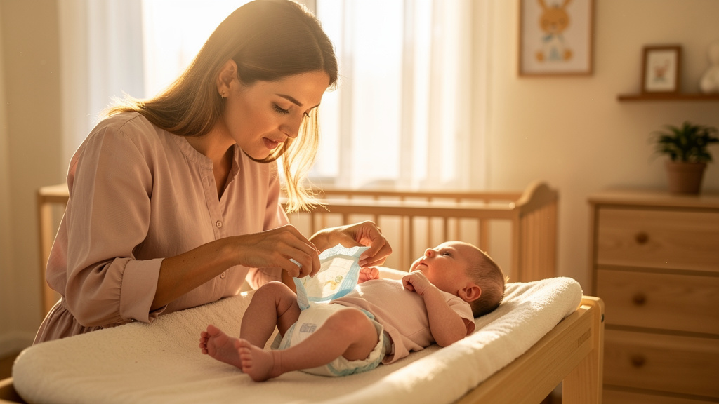 Мать тщательно проверяет подгузник новорождённого дома