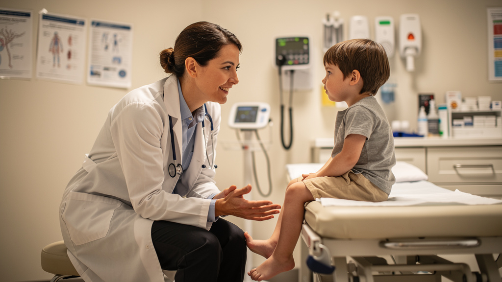 Paediatric specialist consulting with young patient