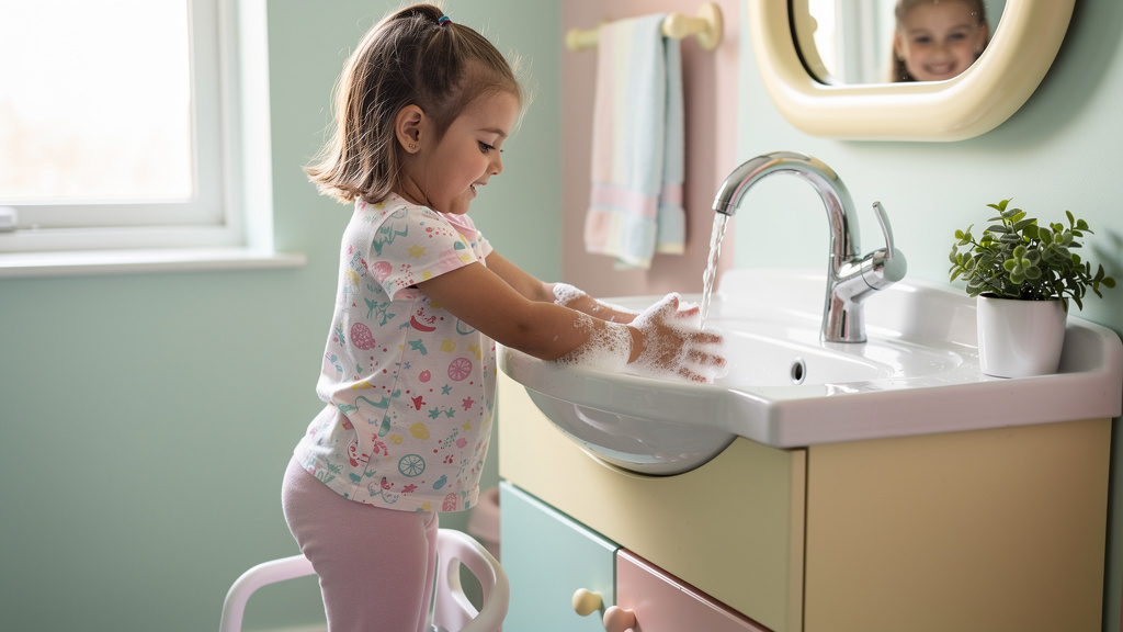 Young girl practising proper hand hygiene at bathroom sink