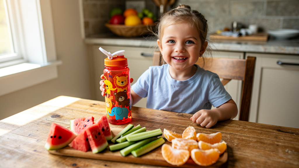 Child enjoying healthy water-rich foods with colourful water bottle
