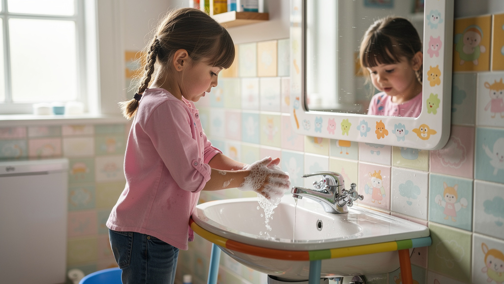 Child practicing proper hand hygiene to prevent urinary tract infections