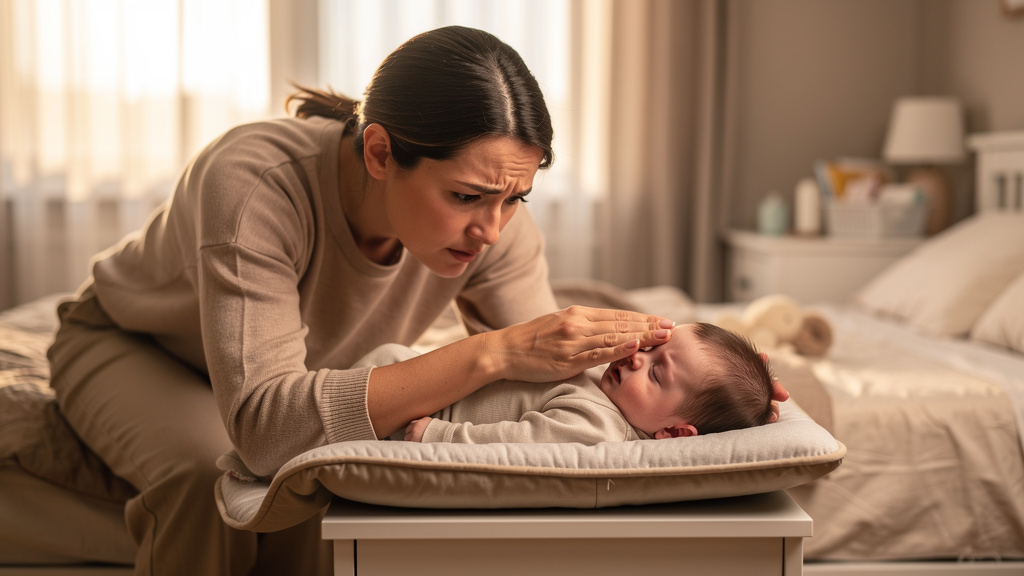 Mother gently checking infant's forehead for fever