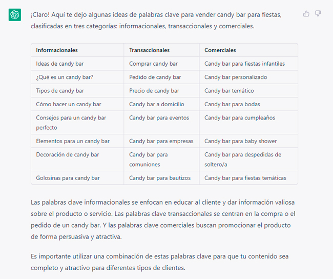 ejemplo para buscar palabras clave con chatgpt
