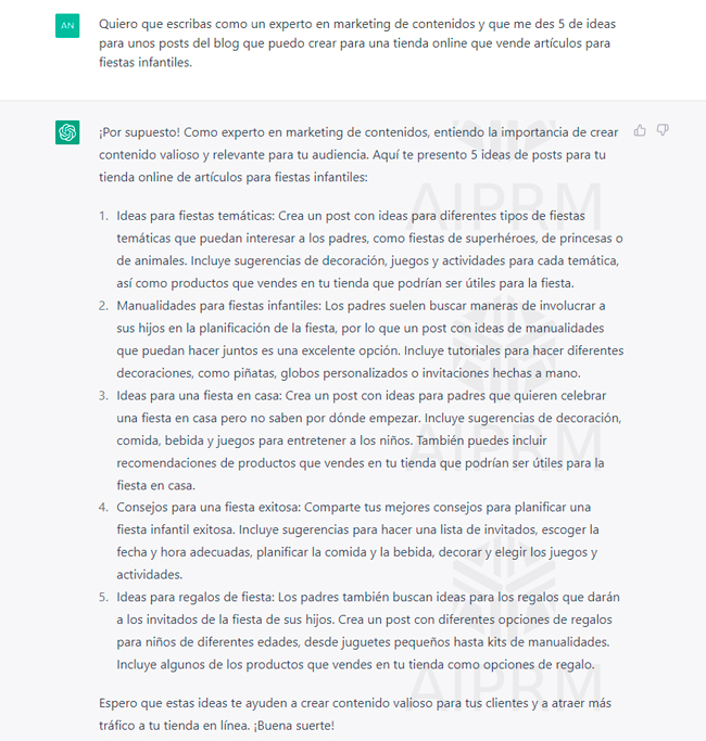 ejemplo para generar ideas de posts del blog para una tienda online con Chatgpt