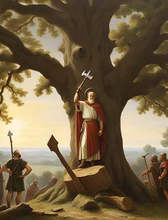 Saint Boniface is about to cut down the sacred Donar oak of the Germanic tribes