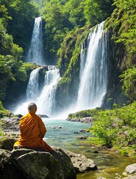 A monk sits on a rock and looks at a waterfall.