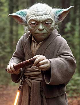 Yoda is holding a lightsaber in the forest.