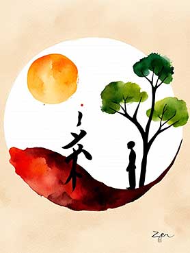 A watercolor painting of a man and a tree.