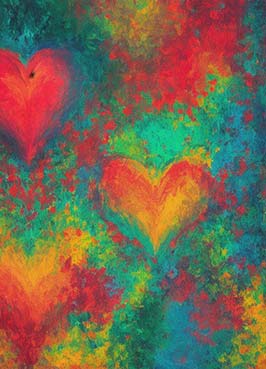 Abstract painting with vibrant hearts and splashes of color in the background.