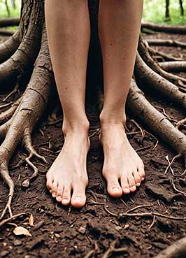 Bare feet stand on the ground between tree roots.