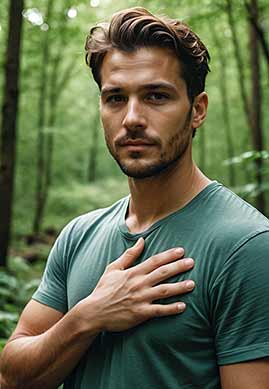A man with brown hair and a green shirt stands in a forest and holds his hand to his chest.
