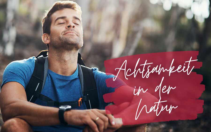 A man with closed eyes and a slight smile sits outdoors carrying a backpack. The text cover is "Mindfulness in Nature".