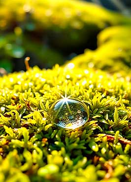 Close-up of a water droplet on light green moss. The sunlight creates a starry effect on the droplet's surface.