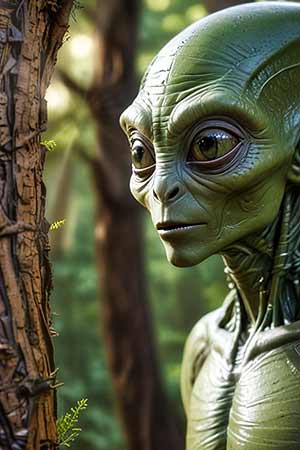 An alien figure with green skin and big eyes stands next to a tree in a forest landscape.