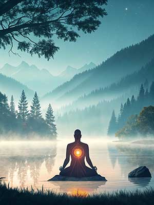 Meditating person, from whom, surrounded by