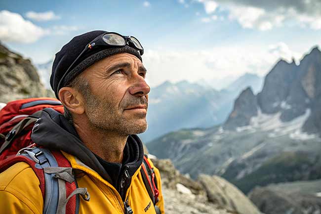 A man in a yellow jacket and backpack gazes thoughtfully at a mountain landscape on a cloudy day.