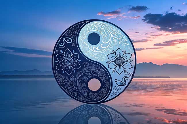 Yin-yang symbol with intricate floral patterns against the backdrop of a calm lake and sunset.