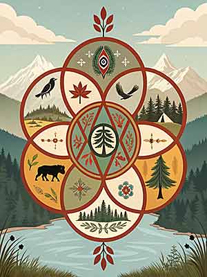 Geometrisches Design, darunter Berge, Bäume, Vögel, ein Zelt, zentriert um, stilisiert in