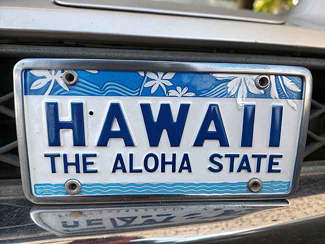 Hawaiian license plate with floral pattern and the text "THE ALOHA STATE".