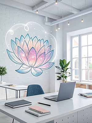 Büroraum mit, Laptop und, leuchtendes Lotus-Bild