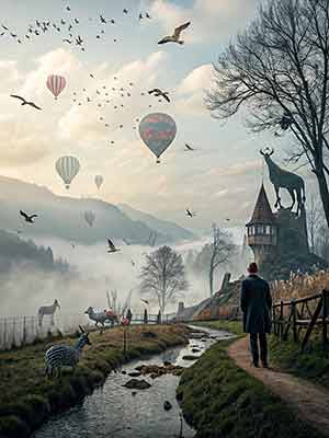 Surreale Landschaft, einem Mann, der an, großen Tierskulpturen