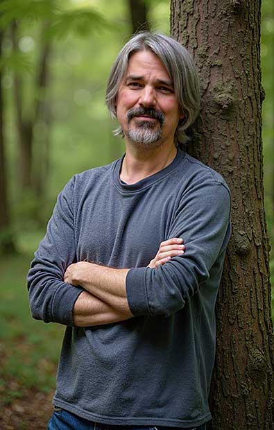 A middle-aged man with gray hair and beard stands leaning against a tree in a green forest with his arms crossed.