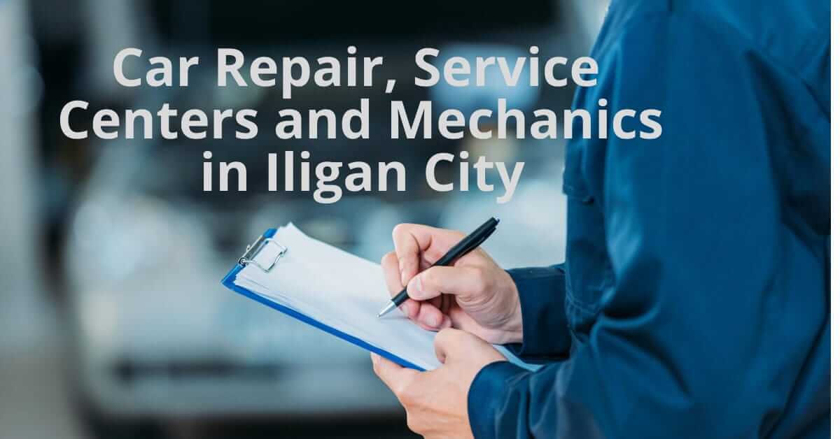 Taong nakauniporme na asul na nakasulat sa clipboard na may tekstong Car Repair and Service Centers sa Iligan City.