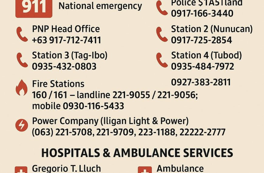Nakalista sa pula at beige poster ang mga numero ng emergency hotline at mga contact sa ospital para sa Iligan City.