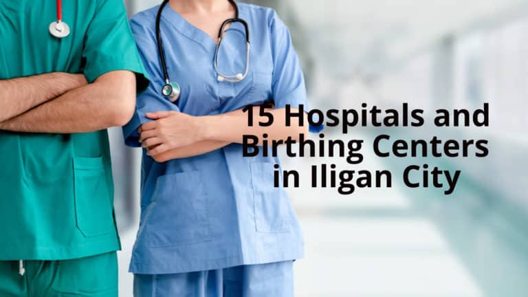 Ipinapakita ng teksto ang dalawang healthcare professionals na may stethoscopes: 15 Hospitals at Birthing Centers sa Iligan City.