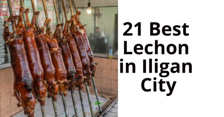 Mga hanay ng inihaw na lechon sa mga poste sa tabi ng teksto: Tuklasin ang 21 Pinakamahusay na Lechon sa Lungsod ng Iligan.