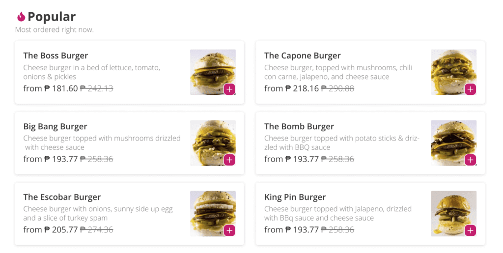 Explore Iligan Citys top burgers with images, descriptions, prices, and discounts on our food delivery app.