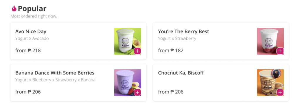 Menu featuring four yogurt flavors and prices, each in colorful containers with fruit illustrations, inspired by Iligan City.