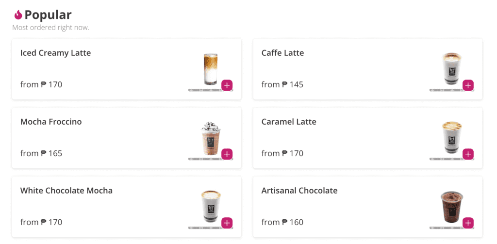 Menu in Iligan City: Iced Creamy Latte, Caffe Latte, Mocha Froccino, Caramel Latte, White Chocolate Mocha.