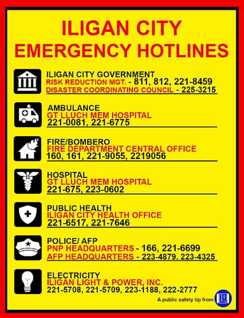 Yellow poster featuring iligan hotline emergency numbers for ambulance, fire, police, and utilities.