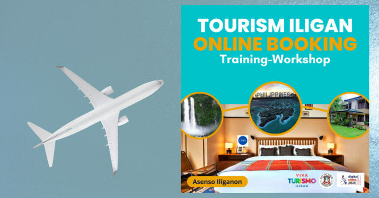 Eroplano sa teal background; Tourism Iligan City online booking workshop ad na may talon, kuwarto, at mga bahay.