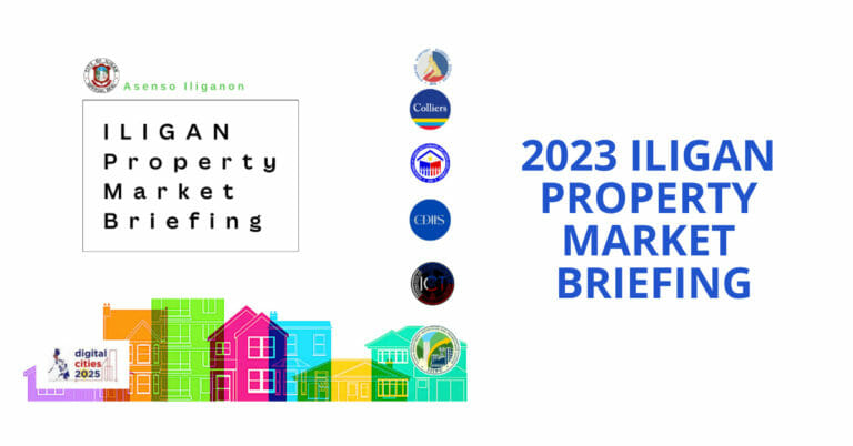 Mga makukulay na bahay na may logo at pagbabasa ng teksto 2023 Iligan City Property Market Briefing.