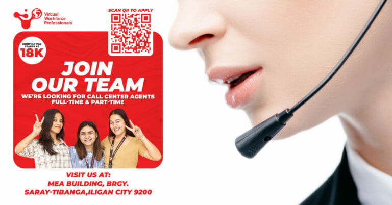 Malapitan ng isang taong may headset, job ad para sa mga call center agent ng Iligan City na may group photo, text, at QR code.